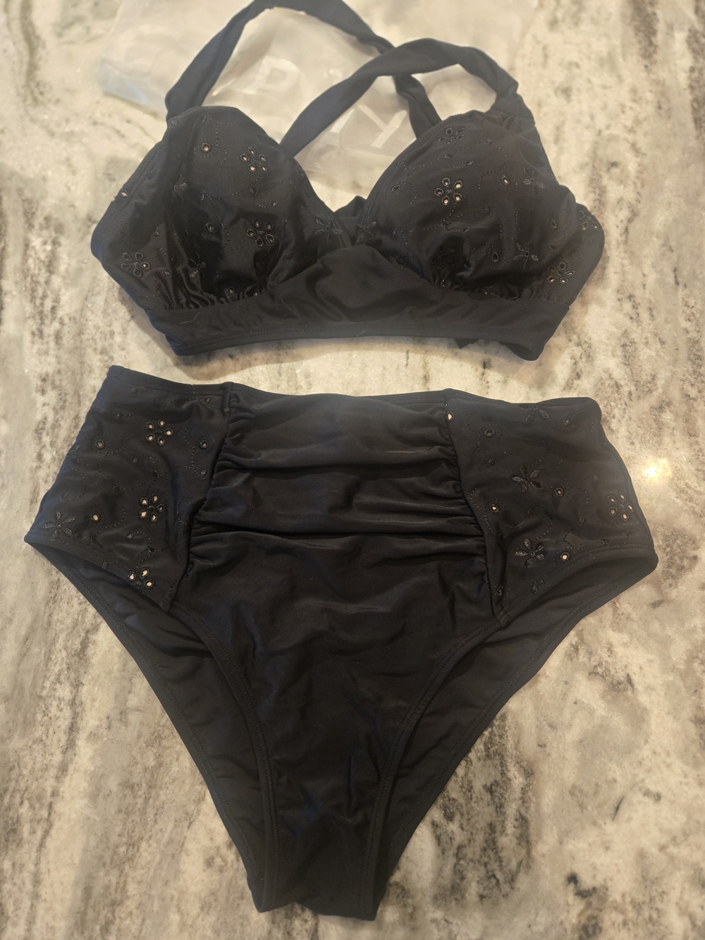Cupshe Black High-Waist Bikini Set with Embellished Eyelet Detail